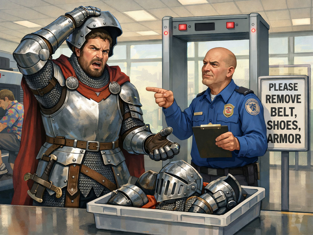 a knight removing armor at the tsa metal detector