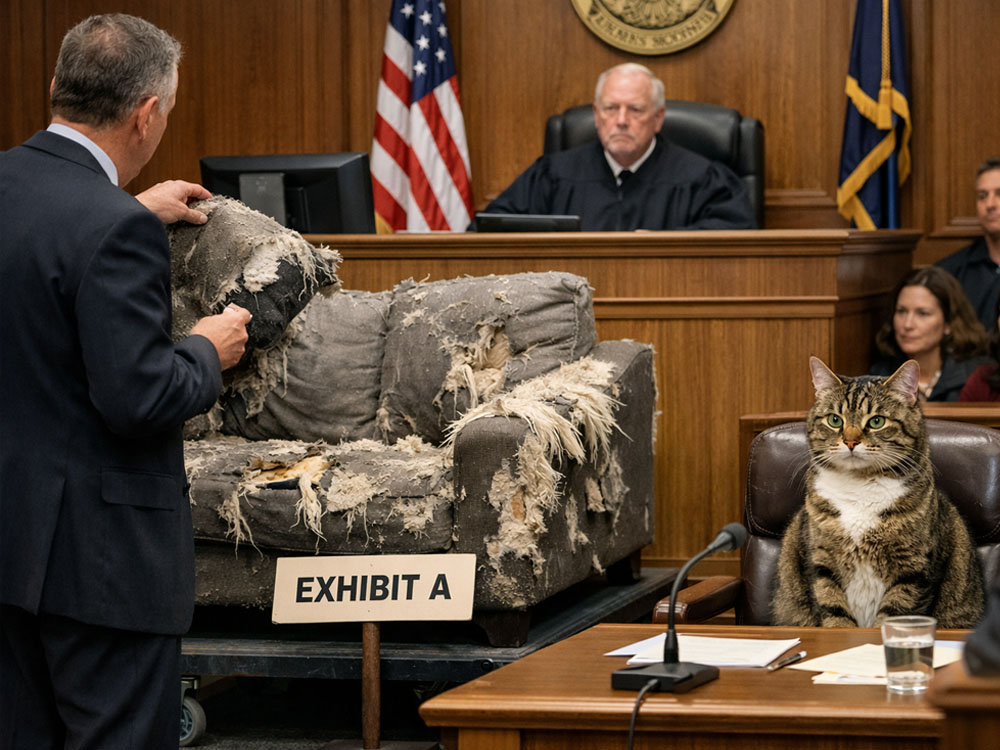 cat in a courtroom accused of tearing up couch