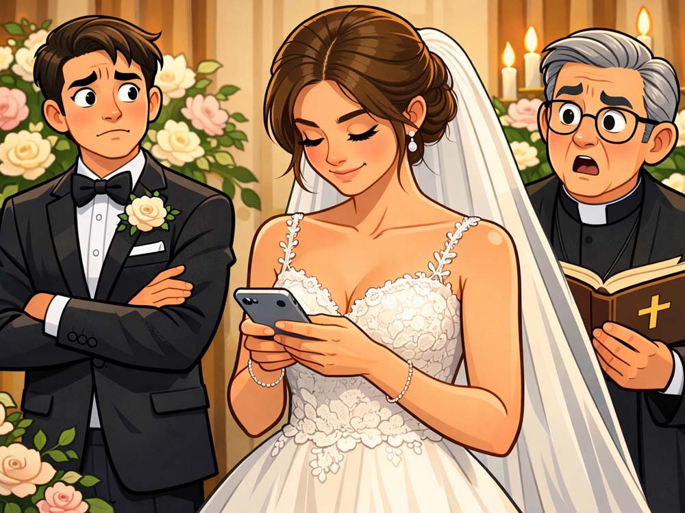 a bride on her iphone at the altar
