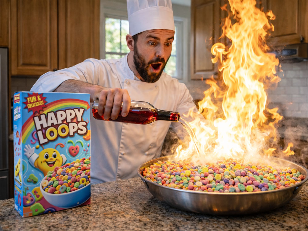 A chef burning cereal