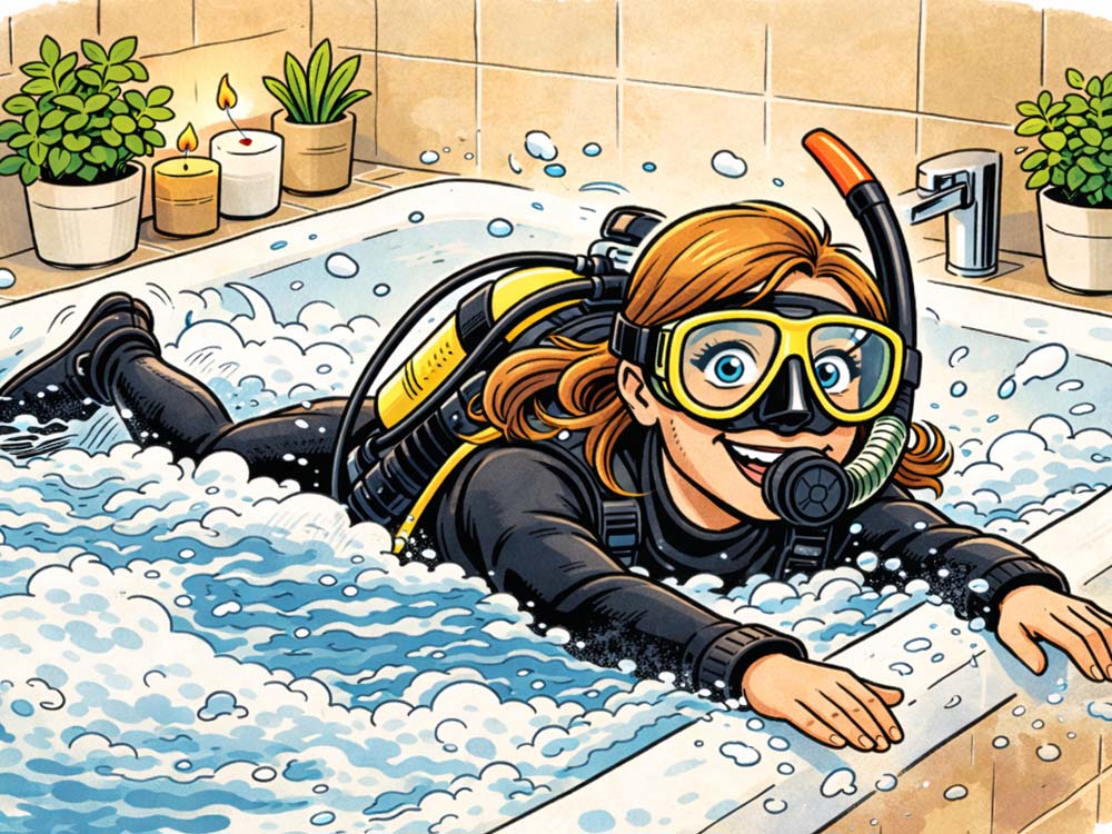 a scuba diver in a bath tub