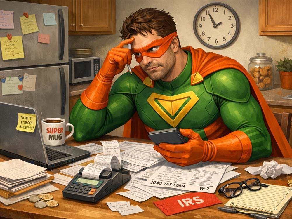 superhero doing taxes