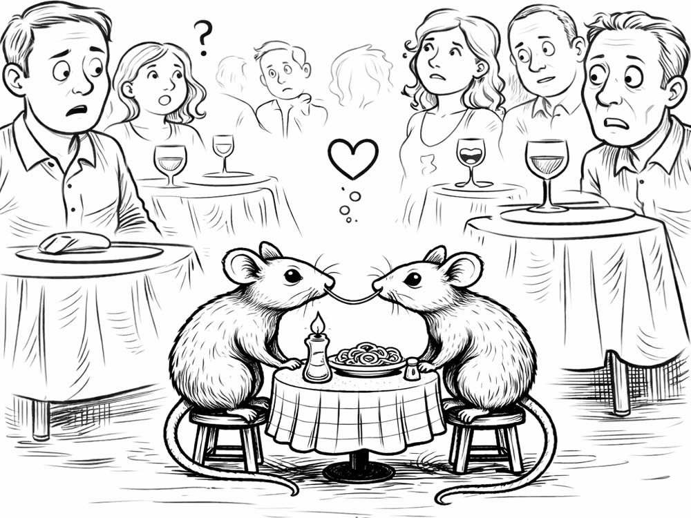 Two rats sitting at a valentines dinner