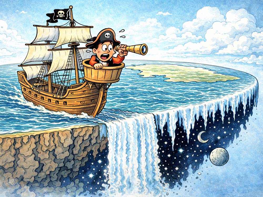 a pirate ship sailing towards the flat earth