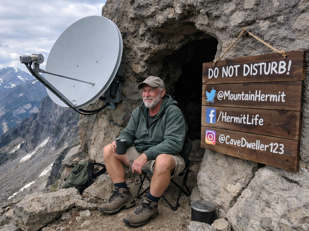 a hermit in a mountain cave with a satellite dish