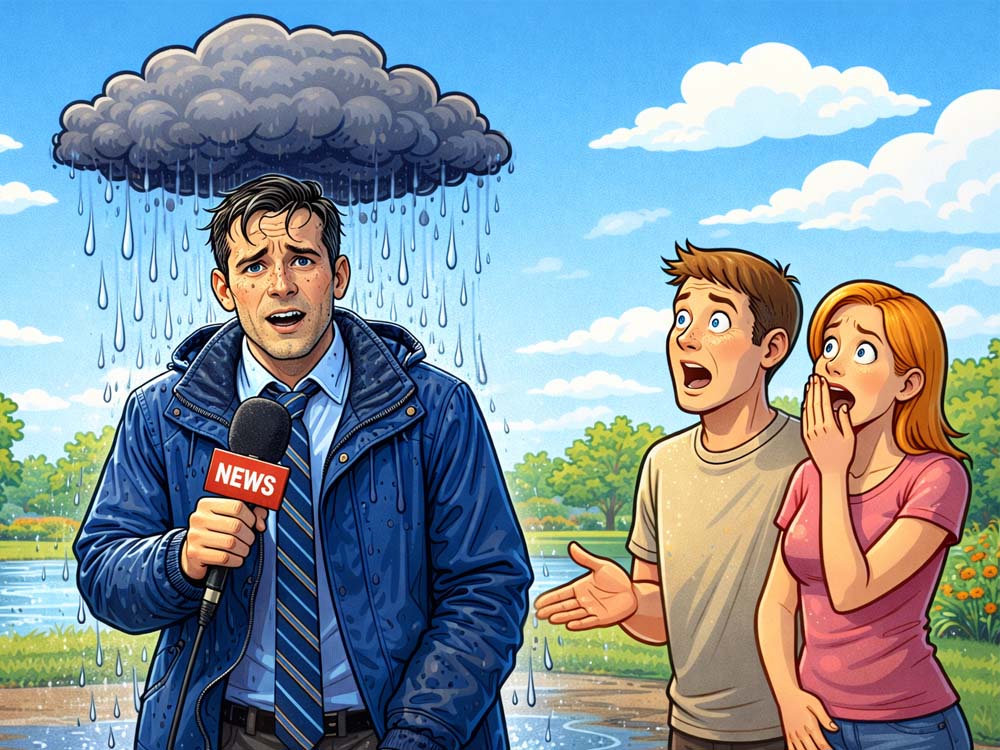 a weatherman with a rain cloud concentrated over him