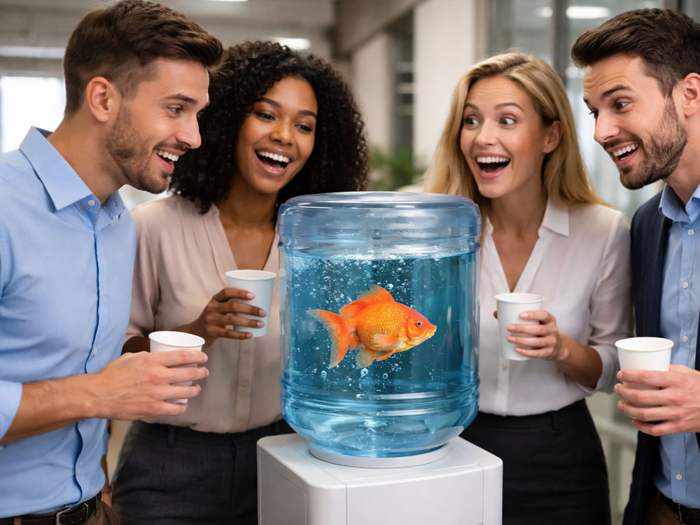 a group of coworkers around the water cooler but there's a fish in it