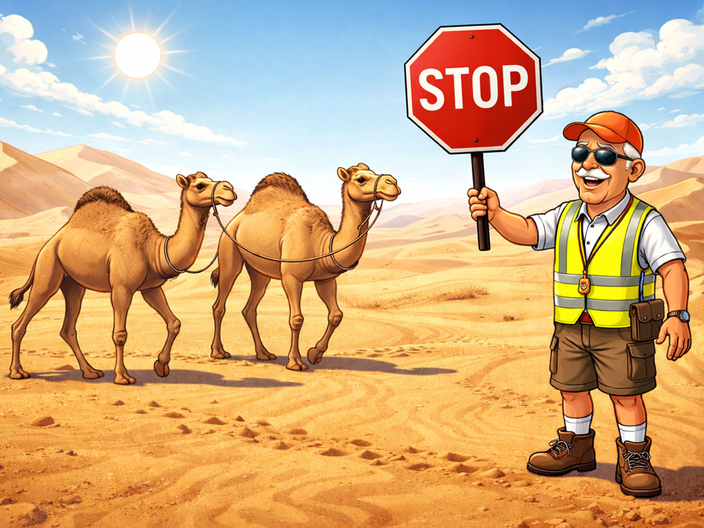 a crossing guard guiding two camels across the desert
