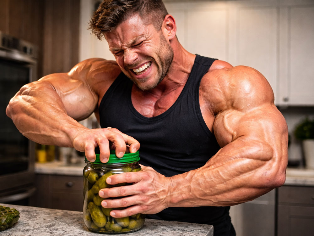 a bodybuilder struggling with a pickle jar
