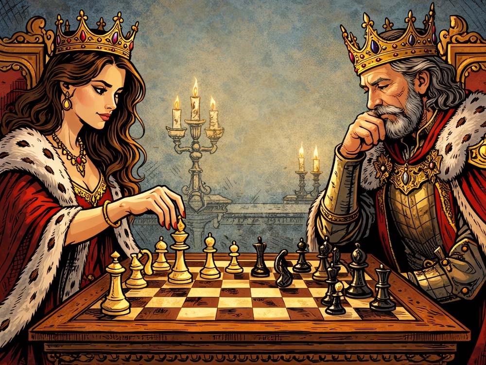 A Queen playing a King in chess