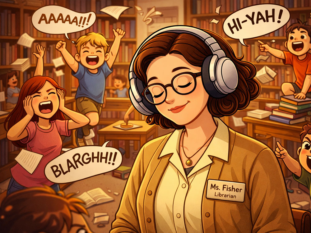 A librarian wearing noise canceling headphones with loud kids around her