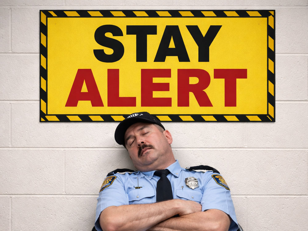 A security guard asleep under a “Stay Alert” sign.