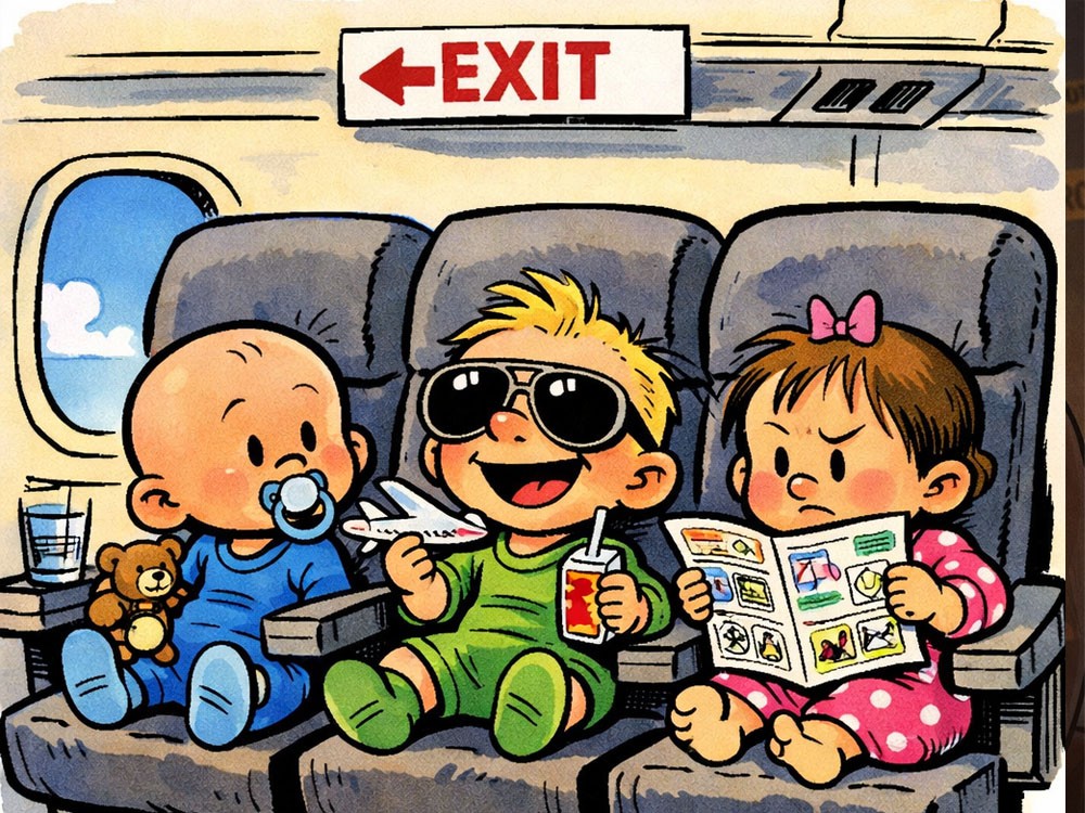 Three babies sitting in the exit row of a plane