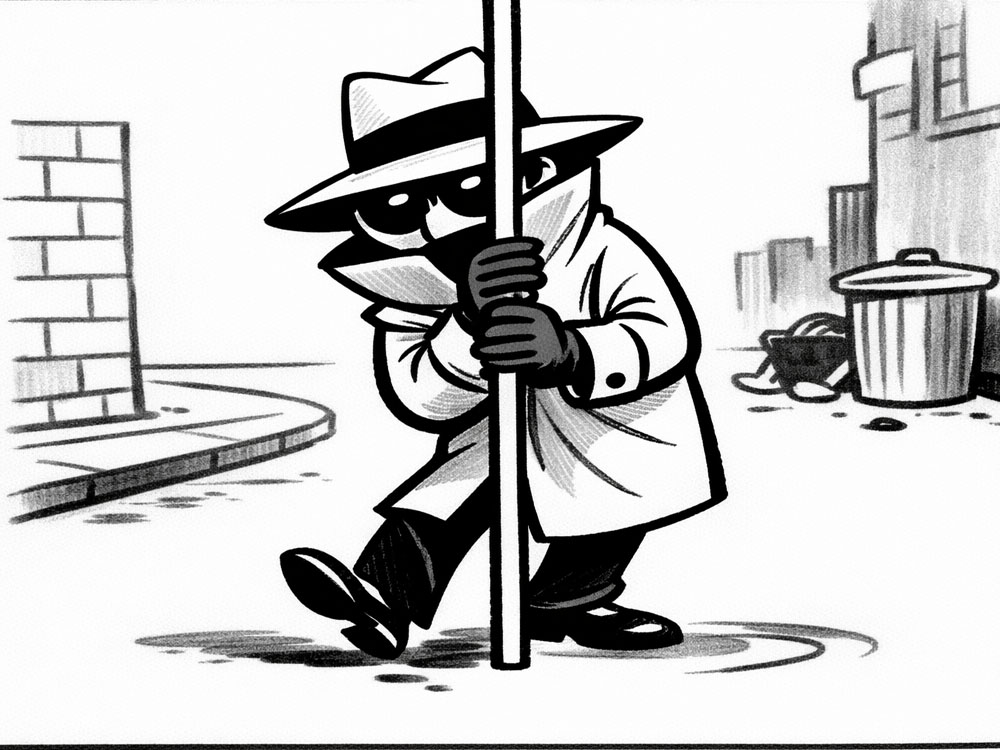 A spy hiding behind a very thin pole