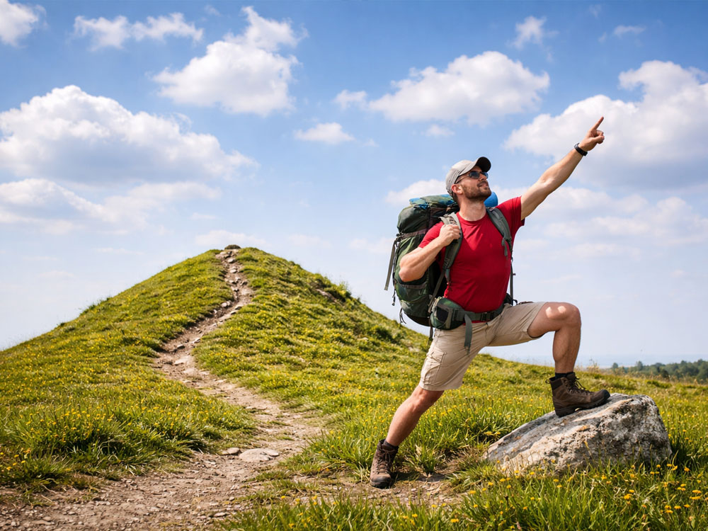 A hiker dramatically posing next to a small hill.
