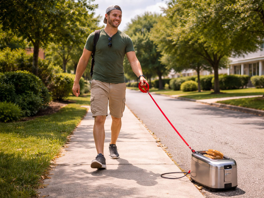 A man walking a toaster on a leash in the suburbs