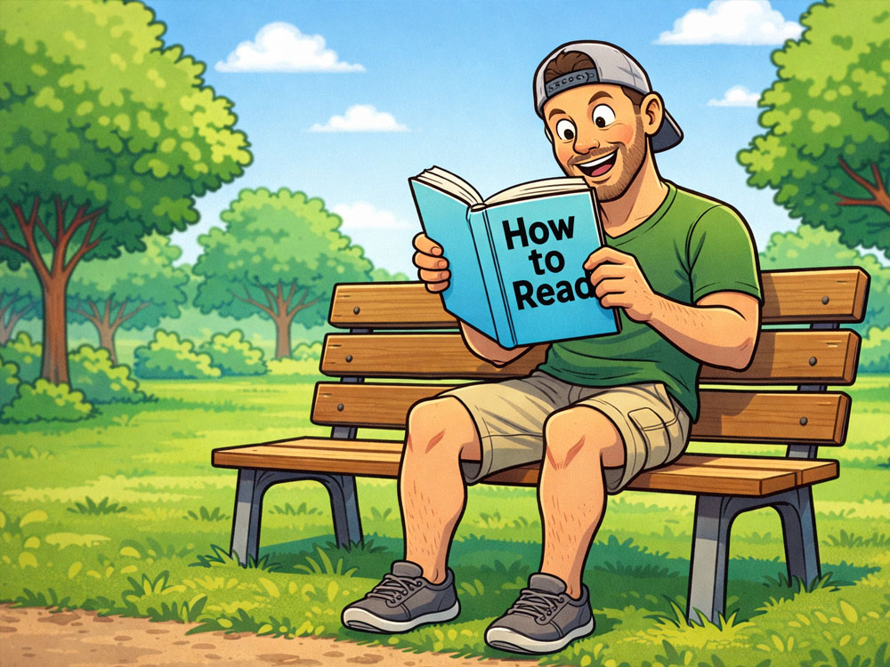 A man sitting on a park bench reading a book titled "How to Read"