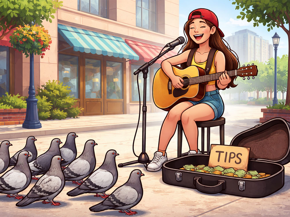 A woman busker playing guitar for only pigeons