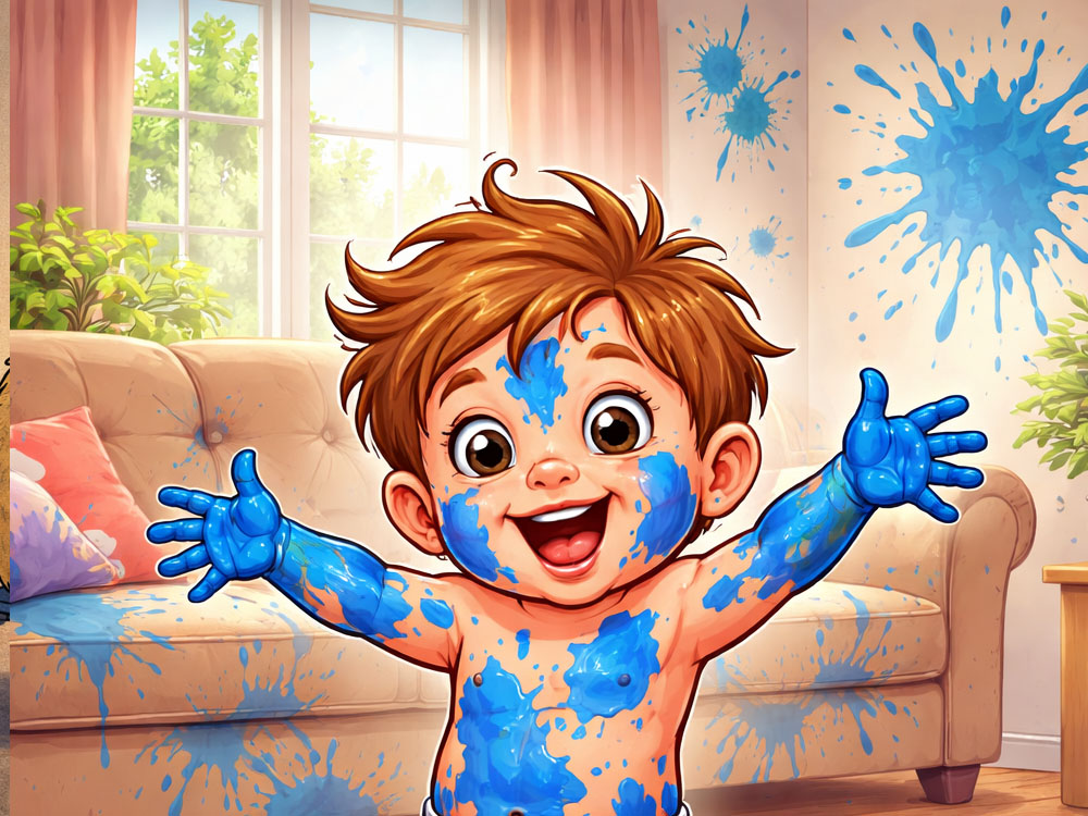 A toddler covered in blue paint looking very proud.