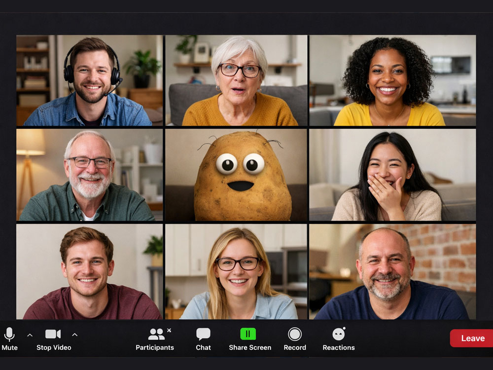 A zoom call grid where one person is accidentally a potato filter.