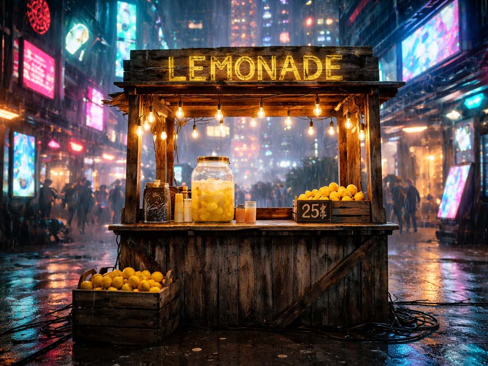 A "Cyberpunk" looking city with a very old wooden lemonade stand.