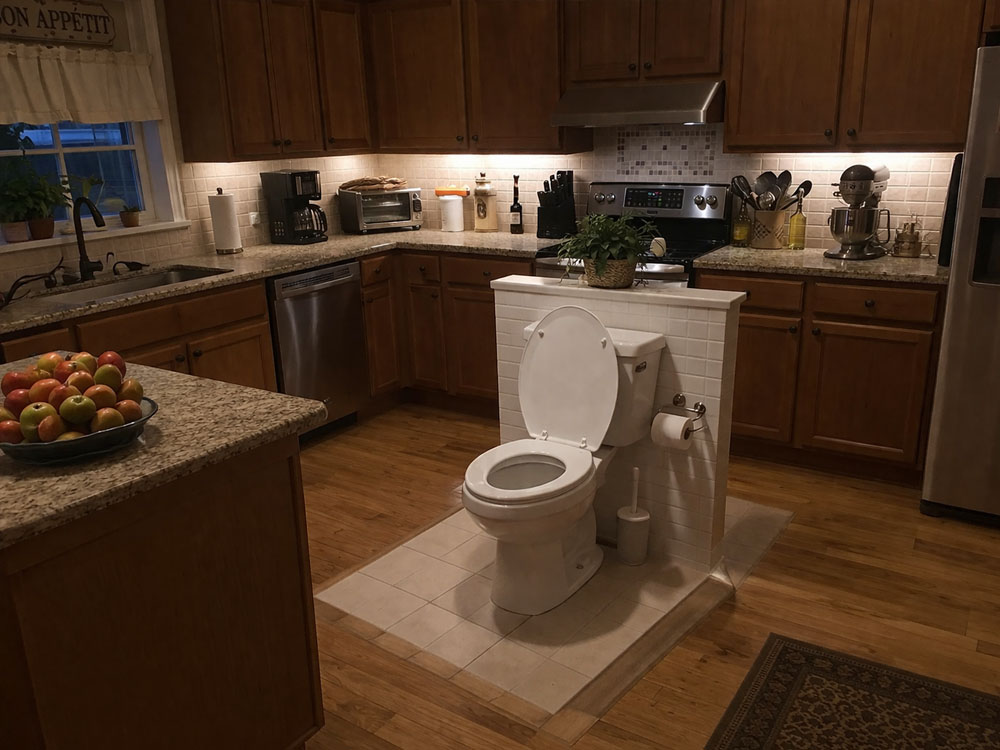 A toilet installed in the middle of a kitchen