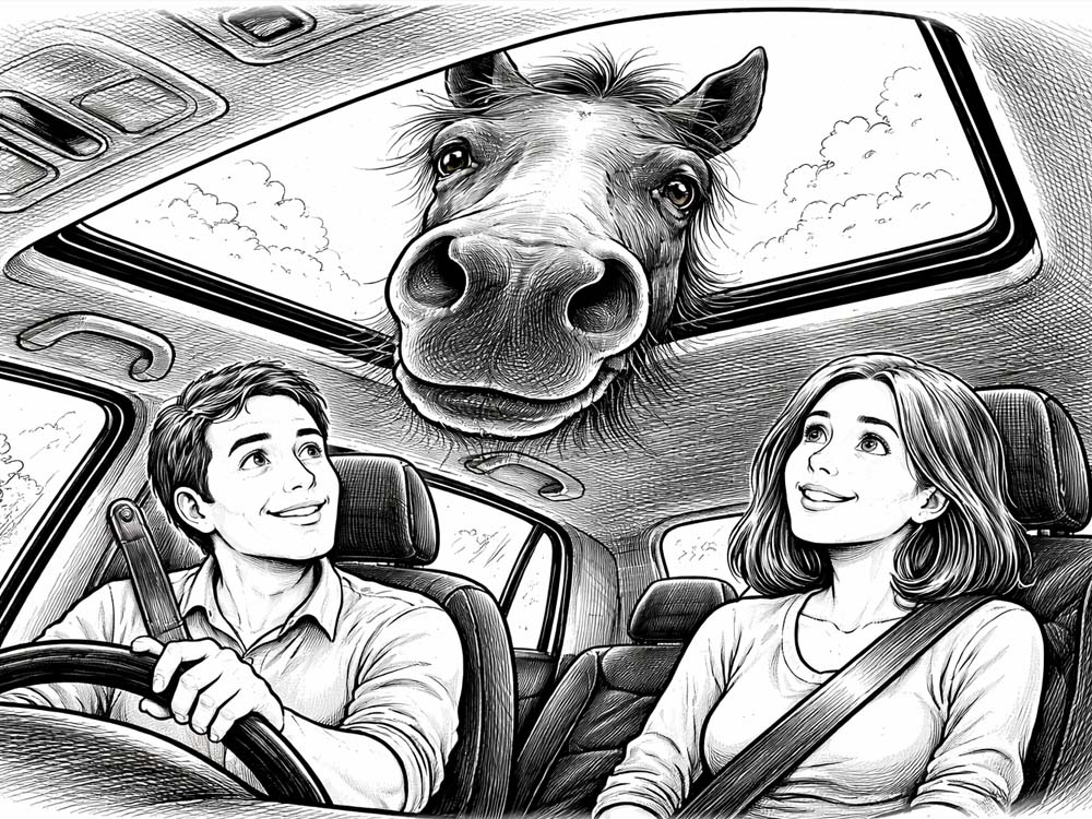 A horse poking its head into a car sunroof.