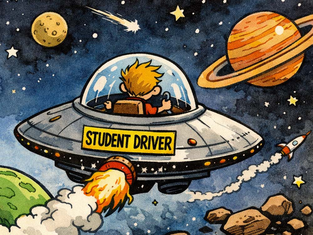A spaceship with a "Student Driver" bumper sticker