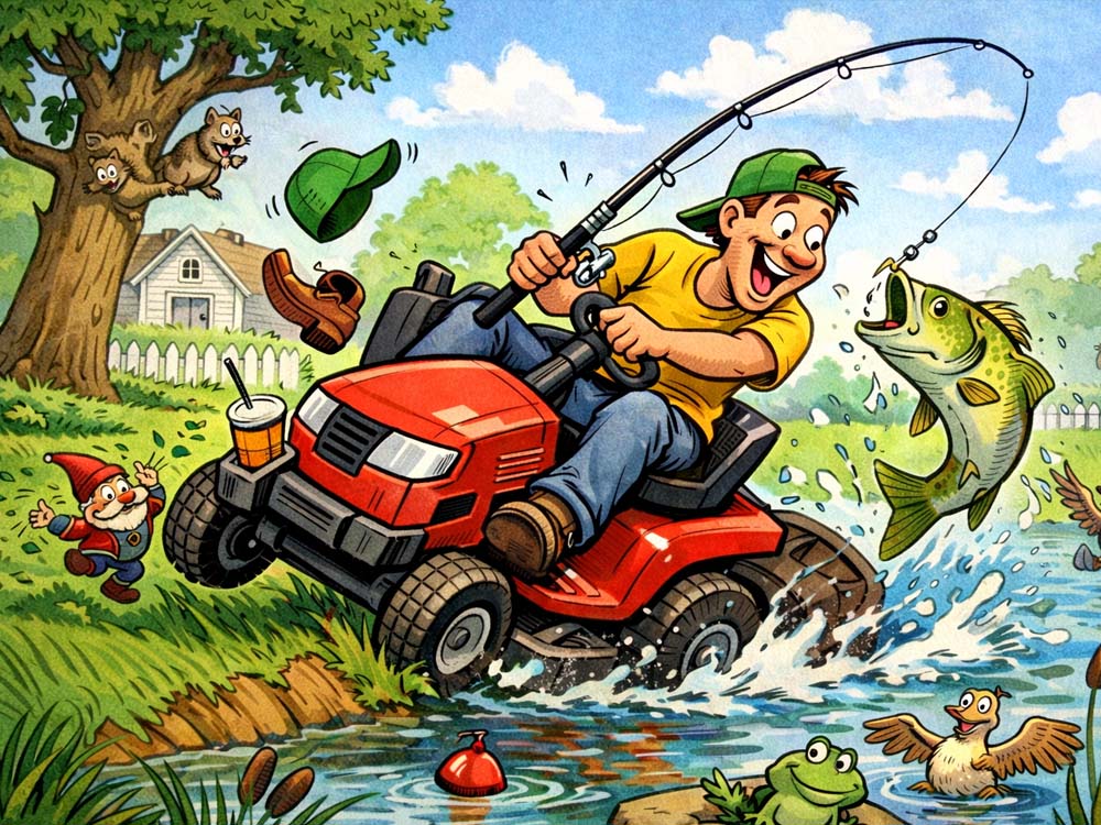 A man on a riding lawnmower gets distracted while fishing and accidentally drives straight into a pond, sending water, wildlife, and his belongings flying in a chaotic, cartoonish scene.