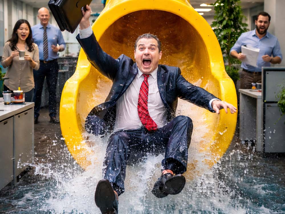 A soaked businessman in a suit bursts out of a giant yellow water slide in the middle of an office, sending water everywhere as stunned coworkers look on.