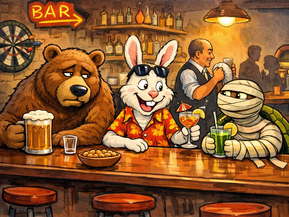 A cartoon shows a bear, a rabbit in a Hawaiian shirt, and a bandaged turtle sitting at a bar, each with drinks, while a bartender works behind them and a neon “BAR” sign glows overhead.