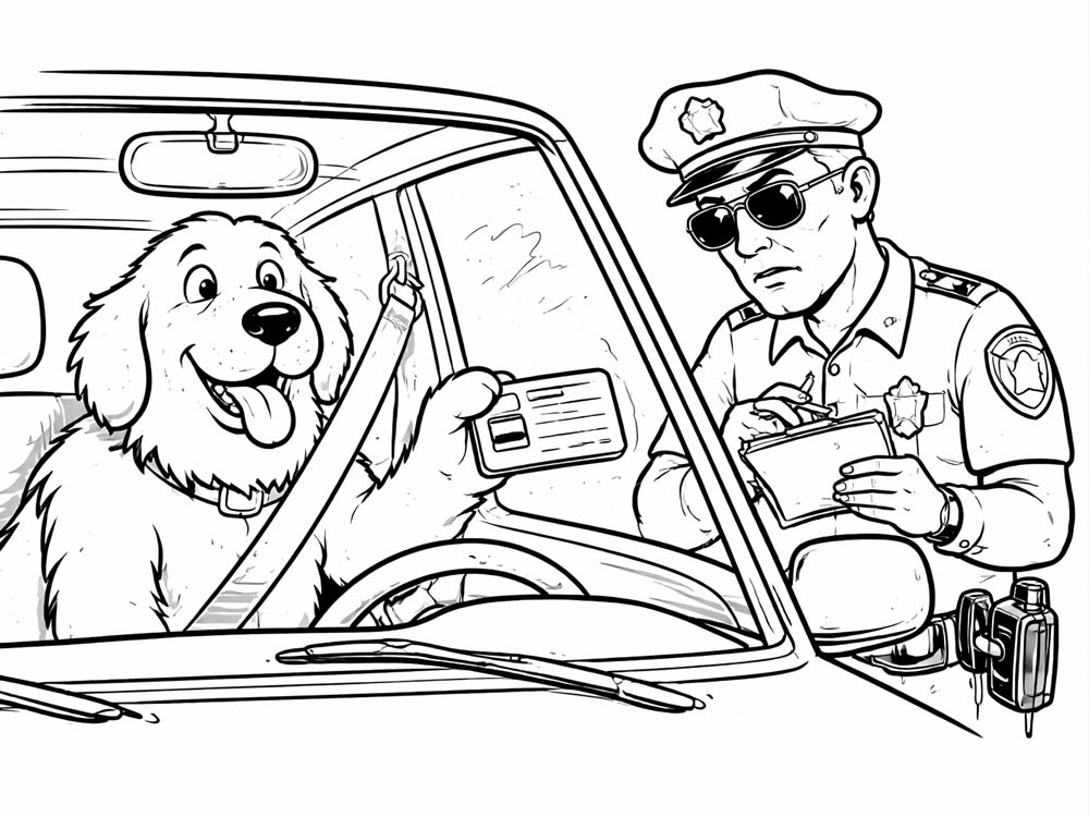 A simple black-and-white line drawing shows a cheerful dog driving a car after being pulled over, casually handing a driver’s license to a skeptical police officer who takes notes beside the window.