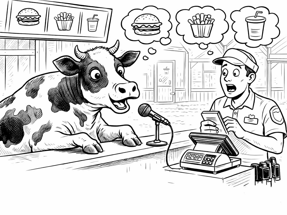 a cow at a fast-food counter in a barn, ordering through a microphone while a shocked cashier takes the order