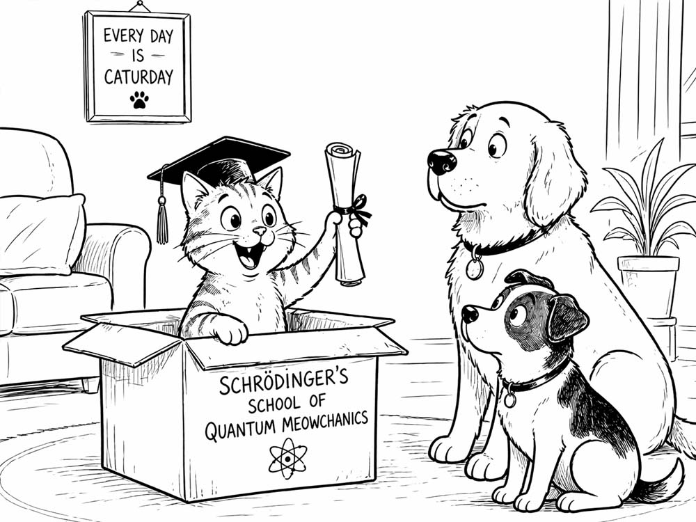 A black-and-white line drawing shows a proud cat in a graduation cap holding a diploma while popping out of a box labeled “Schrödinger’s School of Quantum Meowchanics,” as two dogs watch in confusion.